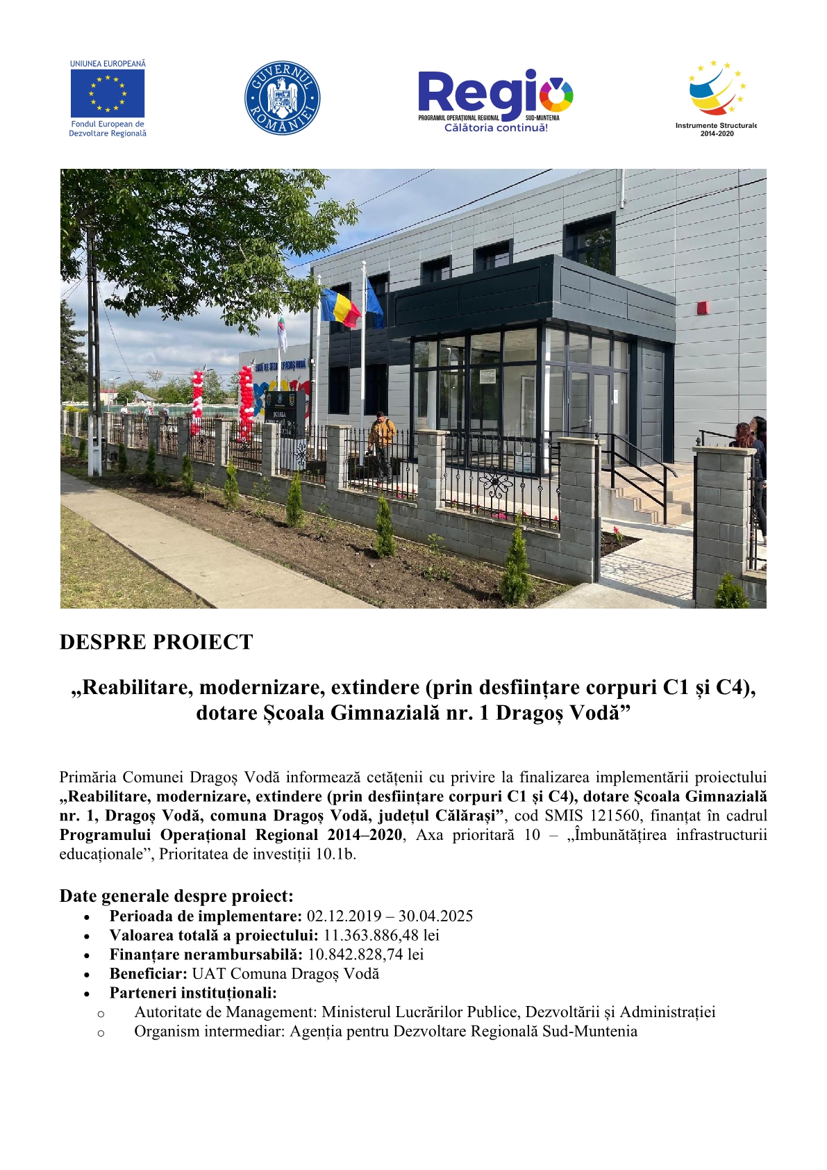 Anunt finalizare proiect Scoala din 25 mai 2025